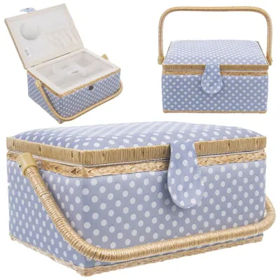 A collage of three images showing a blue and white polka dot sewing basket from different angles.