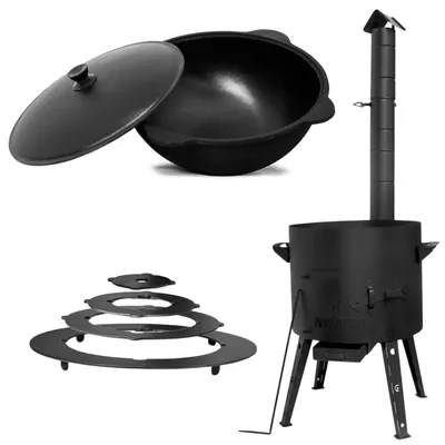 Produktbild von Ø40 Uchag 2mm Stahl 12L Kazan Utschak mit Schornstein Adapter-Ringe Abzugsrohr Utschag Campingofen Kasan Feuerstelle Feldküche Außenküche Eintopfofen Gulaschkanone