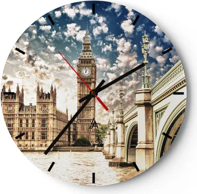Produktbild von Wanduhr - Rund - Glasuhr - London architektur big ben - 40x40cm - Schleichendes Uhrwerk - Lautlos - zum Aufhängen bereit - Dekoration Modern - Wanddekoration aus Glas - C3AR40x40-2415