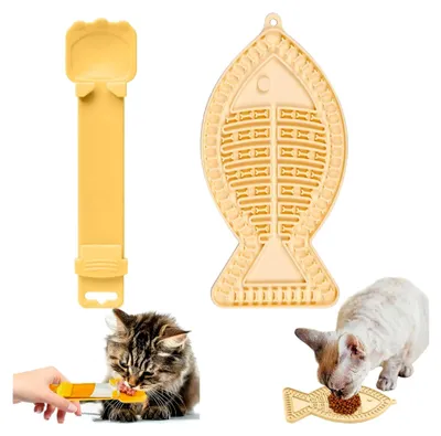 Produktbild von Fischform Schleckmatte für Katzen und Hunde, Slow Feeder für Leckerlis und Futter, Anti-Schling-Napf, Silikonmatte und Fütterlöffel, Gelb