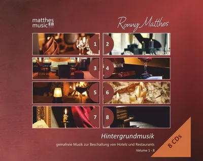 Produktbild von Ronny Matthes: Hintergrundmusik Vol.1 - 8: Gemafreie Musik zur Beschallung von Hotels und Restaurants (Klaviermusik, Jazz & Klassik) - Matthesmusic Verlag, - (CD / H)