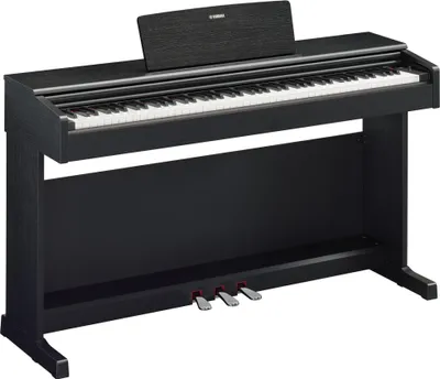 A black digital piano with a music stand and three pedals.