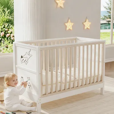 Produktbild von Merax Babybett 120 x 60 cm, Massivholz Kinderbett, 3-fach höhenverstellbar, umwandelbar zum Beistellbett/Kindercouch, bemalbare Tafeln, Natur + Weiß