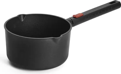 A black saucepan with a black handle and a red accent on the handle, shown against a white background.