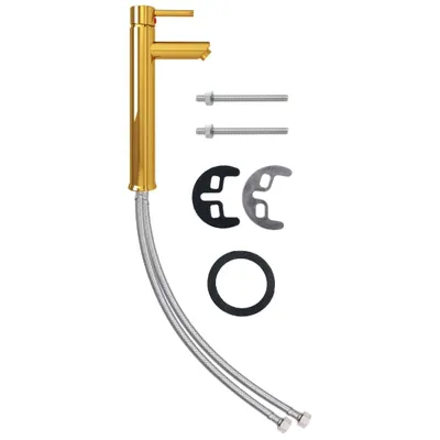 A gold-colored faucet with attached hoses and mounting hardware, presented on a white background.