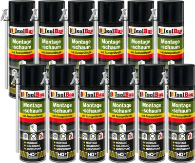 Produktbild von Isolbau 12 x 500 ml Montageschaum mit Aussprührohr - PolyurethanBauschaum für Montage, Isolierung, Abdichtung, Innen & außen