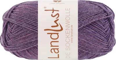 A ball of purple and gray mélange yarn with a label.