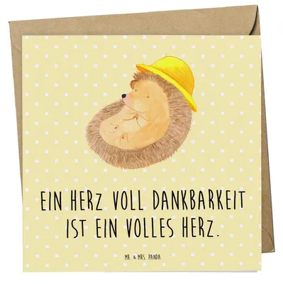 Produktbild von Mr. & Mrs. Panda Grußkarte Herz Dankbarkeit Erntedankfest - Gelb Pastell - Geschenk, Thanksgiving Geschenke, Feiertag, Feiertage, doppelkarte, anlasskarte, Glück, volles