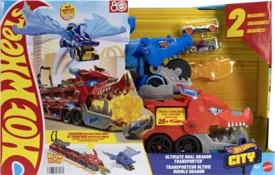 Produktbild von Mattel Hot Wheels City Hot Wheels ultimativer 2-in-1 Drachentransporter und 2 Spielzeugautos im Maßstab 1:64