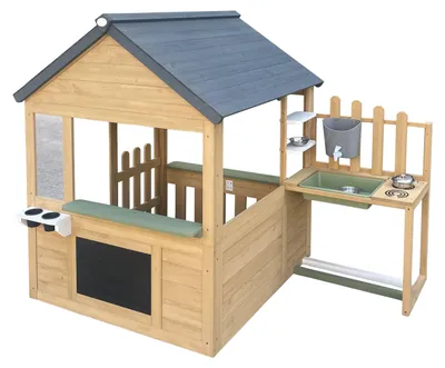 Produktbild von AXI Lizz Spielhaus aus Holz - Braun/Anthrazit | Holzspielhaus mit integrierter Spielküche - Outdoor Kinderspielhaus für den Garten inklusive Zubehör