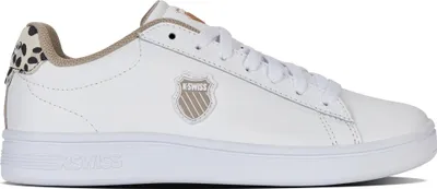 A side view of a white K-Swiss sneaker with a leopard print heel accent.