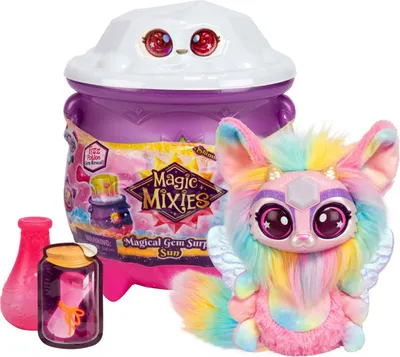 A Magic Mixies Magical Gem Surprise toy set, including the cauldron, a plush toy, and accessories.