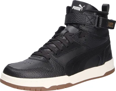 A studio shot of a black high-top Puma sneaker.