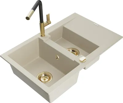 Produktbild von Mexen Gaspar 1,5-Becken-Granitspüle mit Abtropffläche und Mischbatterie Flora, Beige - 6507-69-670401-57-G