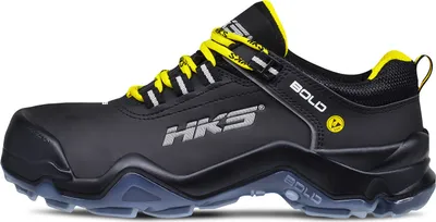 A side view of a black safety shoe with yellow laces and accents.