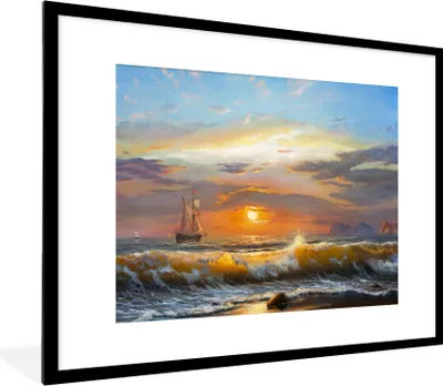 Produktbild von MuchoWow® Gerahmtes Poster Malerei - Wasser - Segelboot - Ölfarbe 80x60 cm - Poster mit Schwarzem Bilderrahmen Wandposter Rahmen Foto Bilder - Schlafzimmer-Dekorationen - Fotoposter