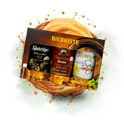 A gift box containing three jars of mustard, presented with a splash of beer.