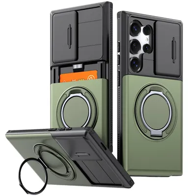 Produktbild von Handyhülle mit Kartenfach für Samsung Galaxy S24 Ultra, Schiebe Kameraschutz, Ringhalter Ständer, Stoßfeste Schutzhülle Grün
