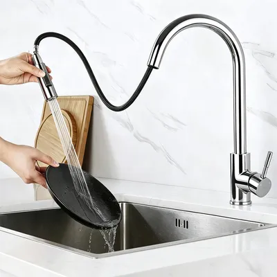 Produktbild von AICA Hochdruck Küchenarmatur | ausziehbar mit Brause | 2 Strahlarten | 360° drehbar Spültischarmatur , Edelstahl Einhebelmischer Chrom