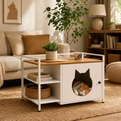 Produktbild von Katzenschrank Katzentoilette Holz Weiß Katzenhaus Beistelltisch Katzentoilettenschrank Katzenmöbel Katzenhöhle