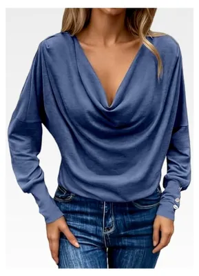 Produktbild von Damen Bluse mit Wasserfall-Ausschnitt, langärmlig, einfarbig, lässig, mit Puffärmeln