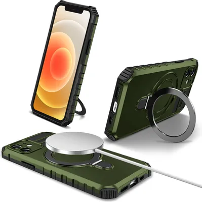 Obrázek produktu pro Pouzdro pro iPhone 12 magnetické s MagSafe, držák prstenu, stojánek, dvouvrstvé ochranné pouzdro zelené