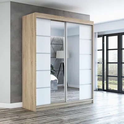 Produktbild von Schwebetürenschrank Kleiderschrank ERA 180 cm Schrank Garderobe Spiegel.Verschiedene Farben (Weiß, Schwarz, Somona). Möbel vom Hersteller!