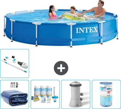 Produktbild von Intex-Schwimmbecken mit rundem Rahmen – 366 x 76 cm – Blau – im Lieferumfang enthalten Sonnensegel - Wartungspaket - Filterpumpe für Schwimmbad - Filter - Staubsauger