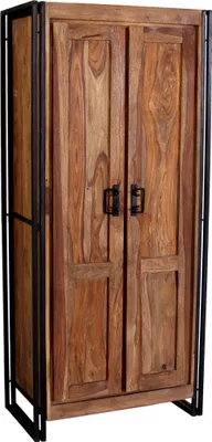 A tall, narrow wooden cabinet with two doors and a metal frame.