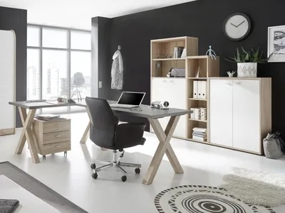 Produktbild von Büro Mister Office 5 teiliges Komplett Set in Eiche Sägerau mit weißen Fronten