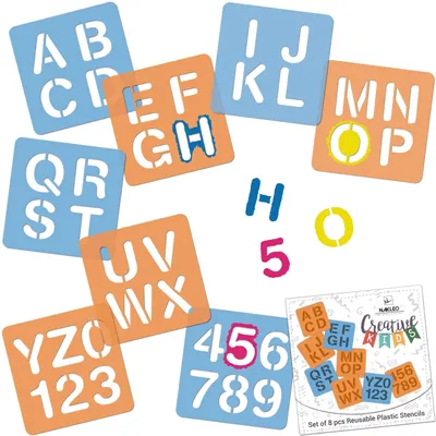 Produktbild von Schablonen Malen für Kinder 8 Stück Set 15x15cm Alphabet Buchstaben Zahlen Kinder Kreatives Zeichenschablonen Kunststoff Wiederverwendbar Malschablone