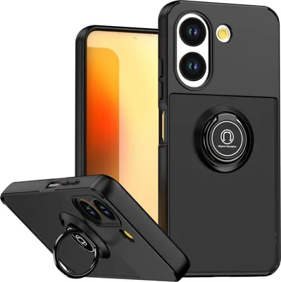A black phone case with a ring holder is shown from multiple angles against a white background.