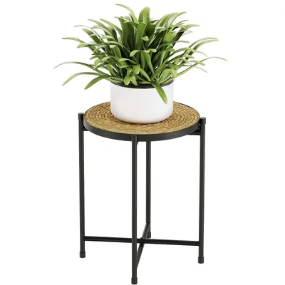 Produktbild von Bamworld Metallblumenständer mit Geflochtenem Tablett Modern Innen/Außen Wohnzimmer Terrasse Balkon