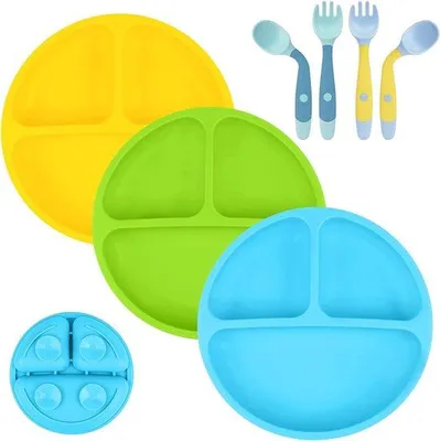 Produktbild von Famanu Kinderteller mit Fächern - Silikon Babyplatte mit Saugnäpfen
