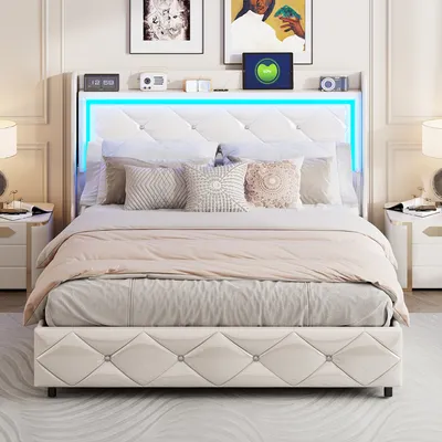 Obrázok produktu pre Fortuna Lai čalúnená posteľ 140x200 cm s USB, posteľ pre mladých Manželská posteľ s úložným priestorom s LED, hydraulická skriňová pružina, Imitácia kože, biela