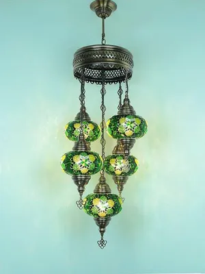 Image de Suspension turque à 5 globes en verre mosaïque vert – lustre oriental avec 5 boules en verre mosaïque