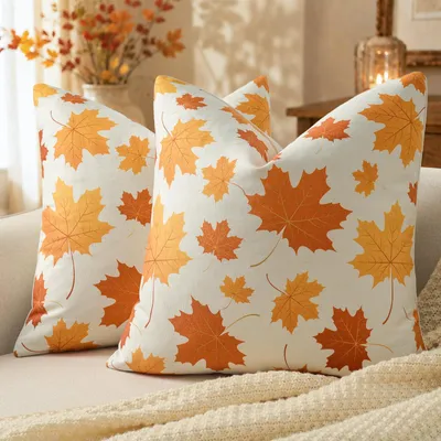 Image de Housses de coussin, motif automnal, 40x40 cm, lot de 2, avec des feuilles d'érable et des courges, pour la maison