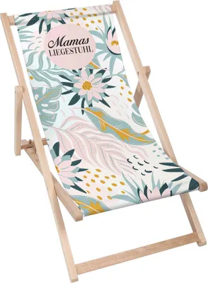 A foldable wooden deck chair with a tropical leaf pattern and text.