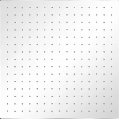 A square shower head with multiple small holes for water jets.