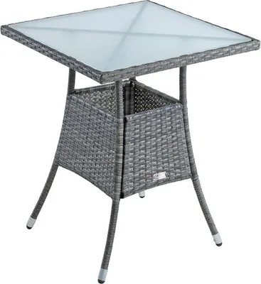 A square polyrattan balcony table with a glass top and a storage compartment.