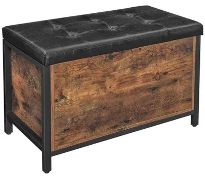 Image de Tabouret vintage avec rangement, en similicuir noir, dimensions : 80 x 40 x 50 cm