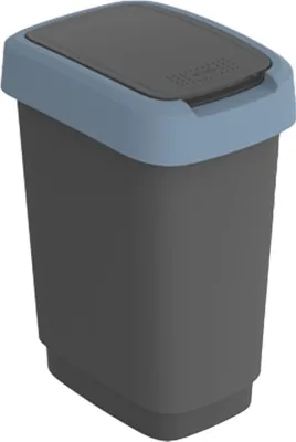 A studio shot of a gray and blue trash can with a lid.