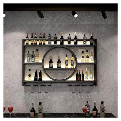 Produktbild von Wandmontiertes Weinregal aus Metall, runder Weinregalschrank mit Glashalter, multifunktionales Lagerregal für Weinflaschen (Größe: 140x15x80cm, Farbe: Schwarz)