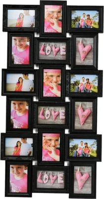 Produktbild von XL Fotocollage Bilderrahmen für 18 Fotos 10 x 15 cm und 15 x 10 cm Schwarz Kunststoff 3D Optik mit Kunststoffabdeckungen einfache Wandmontage hochkant oder quer Gesamtmaß 52,5 x 102,5 x 2,4 cm