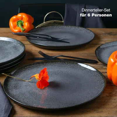 Produktbild von Set von 6 anthrazitfarbenen Speisetellern - Spülmaschinen- und mikrowellenfestes Porzellan
