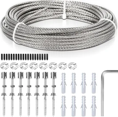 Immagine prodotto di Clanmacy 12M supporto per arrampicata in acciaio inox per piante rampicanti, set completo di fune metallica in acciaio con supporto a parete e fune diametro 3 mm