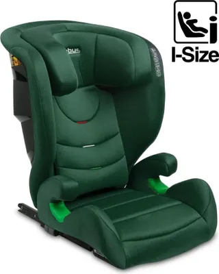 A dark green child car seat shown from a front-side angle on a white background.