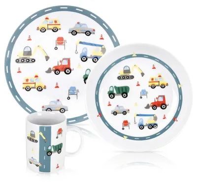 Produktbild von Orion | Kindergeschirr Set 3 Teile mit Auto-Motiv - Porzellan Weiß