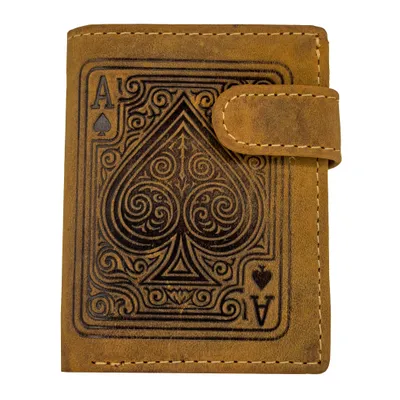 Produktbild von Echtleder Herren Wallet Geldbörse Braun mit Pik-Ass Motiv, RFID‑Schutz, 9 Kartenfach, Münzfach, Geldscheinfach, Loop‑Verschluss