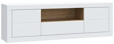 Lowboard TV-Board LEFKADAS in Weiß mit offener Nische in Walnussoptik, Frontalansicht.